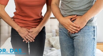 Man and woman experiencing urinary discomfort