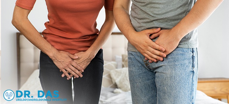 Man and woman experiencing urinary discomfort